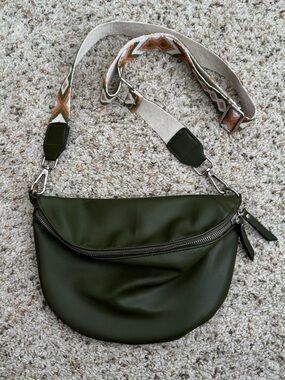 Olive Green Crossbody Bum Bag with Removable Patterned Guitar Strap